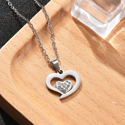 304 Stainless Steel Crystal Rhinestone Heart Pendant Cable Chain Necklaces for Women NJEW-Z056-01D-P-1