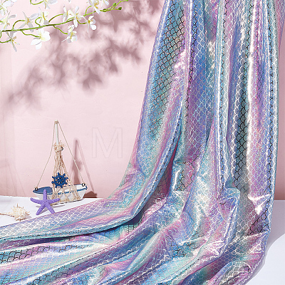 Sparkly Hologram Polyester Mermaid Printed Fish Scale Fabric DIY-WH0304-480A-1