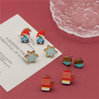 4 Pairs Snowflake & Glove & Christmas Gnome Printed Wood Stud Earrings EJEW-OY001-04-1