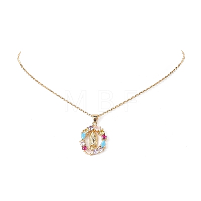 Colorful Cubic Zirconia Oval with Virgin Mary Pendant Necklace NJEW-JN04207-1