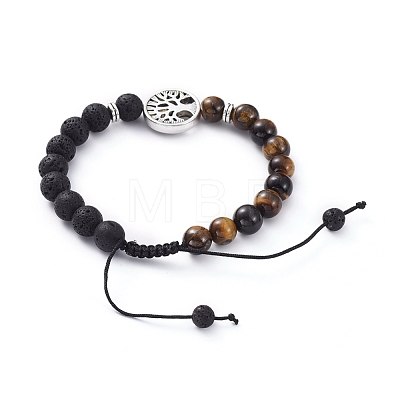 Natural Lava Rock & Tiger Eye Beads Adjustable Braided Bracelets BJEW-JB04987-04-1