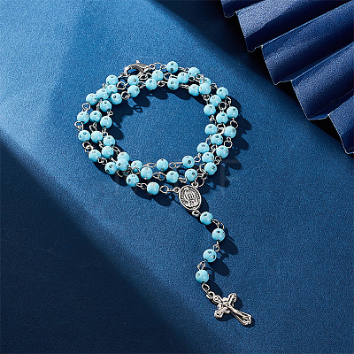 Sky Blue Acrylic Rosary Bead Necklaces NJEW-AB00002-1