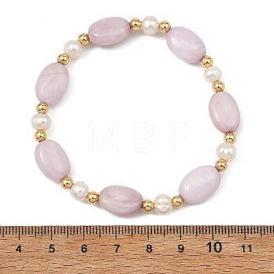 Natural Kunzite & Cultured Freshwater Pearl & Brass Beaded Strtetch Bracelets for Women BJEW-JB14124-02-1