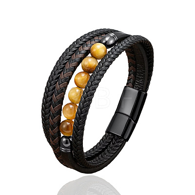 Natural Tiger Eye Round Beads & Braided Imitation Leather Cord Bracelets for Men FS-WGCE7B3-05-1