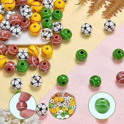 100Pcs 4 Styles Sport Theme Printed Wood European Beads WOOD-SZ0001-31-1