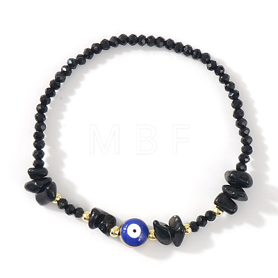 Natural Obsidian Chip & Brass Evil Eye & Glass Beaded Stretch Bracelets for Daily Wear PI9480-9-1