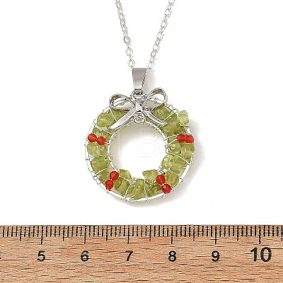 Transparent Glass and Natural Peridot Chip Wire Wrapped Pendant Brass Cable Chain Necklaces NJEW-TA00274-1