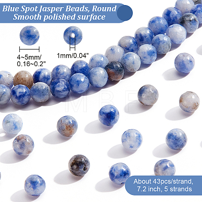  5 Strands Round Natural Blue Spot Jasper Beads Strands G-NB0004-58-1
