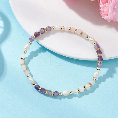 Natural Gemstone & Cultured Freshwater Pearl Cube & Rice Beaded Stretch Bracelets for Women BJEW-JB13390-1