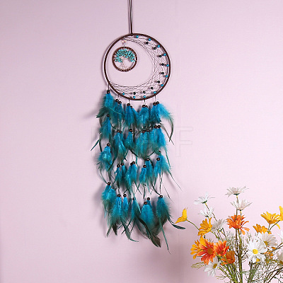 Iron & Synthetic Turquoise Woven Web/Net with Feather Pendant Decorations PW-WG51331-01-1