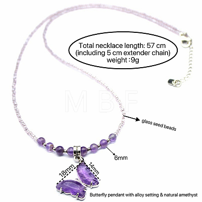 Natural Amethyst Alloy Butterfly Pendant Glass Seed Beaded Necklaces for Women TG9550-5-1