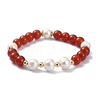Natural Carnelian & Pearl Beaded Stretch Bracelet for Women BJEW-JB09384-01-1