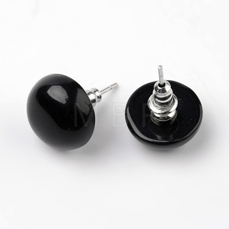 Half Round Dome Natural Dyed & Heated Black Agate Stud Earrings EJEW-L171-07-1