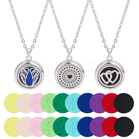 3Pcs 3 Styles Stainless Steel Hollow Essential Oil Diffuser Locket Pendant Necklaces NJEW-HS0001-26C-1
