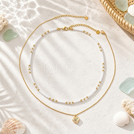 Stainless Steel Heart Pendant White Glass Seed Beaded Double Layer Necklaces CO2077-1-1