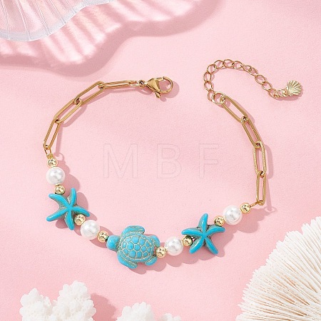 Synthetic Turquoise & Shell Pearl Beaded Link Bracelets BJEW-JB13807-01-1