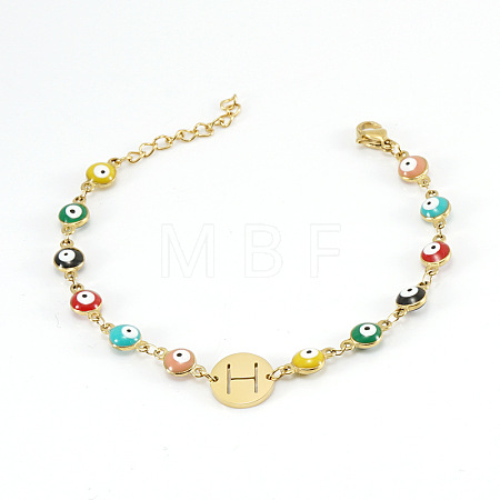 Colorful 304 Stainless Steel & Evil Eye Enamel Flat Round Link Bracelets FS-WGB13F5-08-1