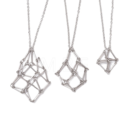 3 Pcs 201 Stainless Steel Crystal Stone Cage Pendant Necklaces NJEW-JN04750-1