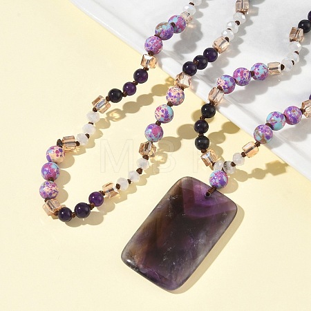 Natural Amethyst Rectangle Pendant Glass Beaded Long Necklaces GG-CBAE048-02A-1