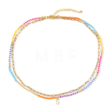Colorful Glass Seed Beaded Initial Pendant Double Layer Necklaces QS3881-19-1