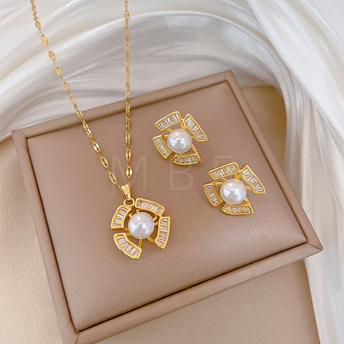 Brass Micro Pave Cubic Zirconia with Plastic Pearl Pendant Necklace & Stud Earrings WG7AC39-108-1