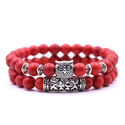 Synthetic Turquoise Stretch Bracelets Set with Alloy Owl Beaded ANIM-PW0003-027F-1