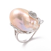 Natural Pearl Nugget with Cubic Zirconia Leaf Open Cuff Ring RJEW-P033-02P-03A-2