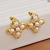 Clover Brass Pave Clear Cubic Zirconia & Freshwater Pearl Stud Earrings for Women LS-EJEW-G391-01G-1