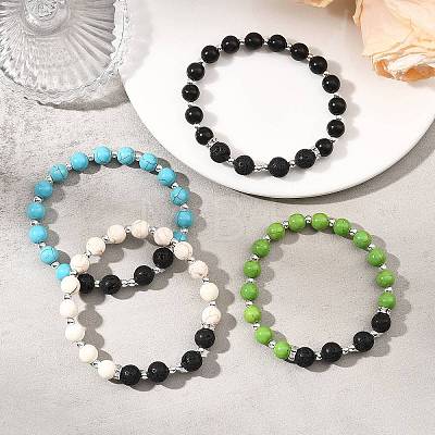 Natural & Synthetic Gemstone Round Beaded Stretch Bracelets for Women Men BJEW-JB13928-1