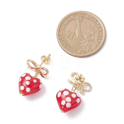 Heart with Bowknot Alloy Lampwork Dangle Stud Earrings EJEW-JE06793-1