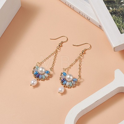 Natural Pearl & Glass Teardrop with Flower Dangle Earrings EJEW-TA00222-01-1