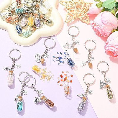 20Pcs Glass Bottle with Natural & Synthetic Gemstone Chip Keychains KEYC-CJ00014-1