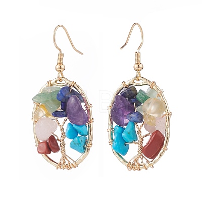 Natural & Synthetic Mixed Gemstone Chips Oval with Tree of Life Dangle Earrings EJEW-JE04880-01-1