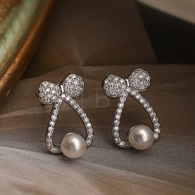 Bowknot Brass Micro Pave Clear Cubic Zirconia Stud Earrings EJEW-A110-06P-1