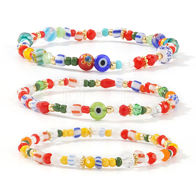 3Pcs 3 Styles Bohemian Handmade Lampwork & Glass Evil Eye Beaded Stretch Bracelet Sets JV1466-1