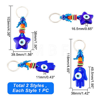 2Pcs 2 Style Turkish Blue Evil Eye Star/Hamsa Hand Pendant Alloy Keychain KEYC-AR0001-28-1