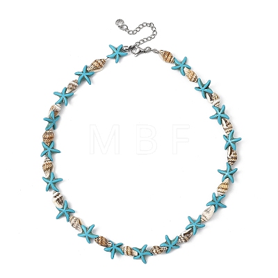 Ocean Natural Spiral Shell & Dyed Synthetic Turquoise Starfish Beaded Necklaces NJEW-JN06305-1