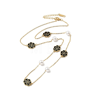 Black Enamel Flower Pendant Necklace with Plastic Pearl Beaded NJEW-G036-08G-1