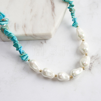 Natural Turquoise Chip & Nuggets Shell Pearl Beaded Necklaces NJEW-L125-007G-1