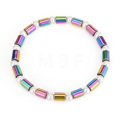 Electroplated Rainbow Color Synthetic Non-magnetic Hematite Column & White Round Acrylic Beaded Stretch Anklets for Women FS-WG6D389-03-1