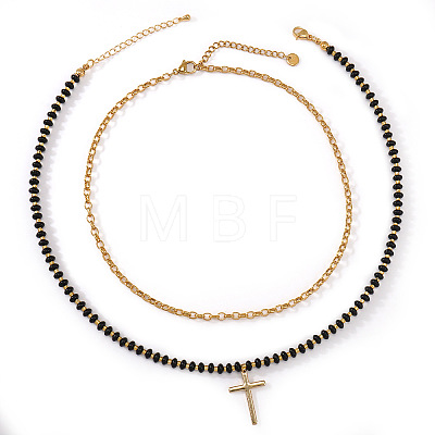 Stainless Steel Religion Cross Pendant Natural Gemstone Rondelle Beaded Double Layer Necklaces for Women PO2692-1-1