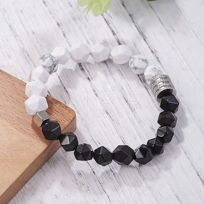 Polygon Synthetic Howlite & Natural Black Agate Beaded Stretch Bracelets WG9FB4D-02-1