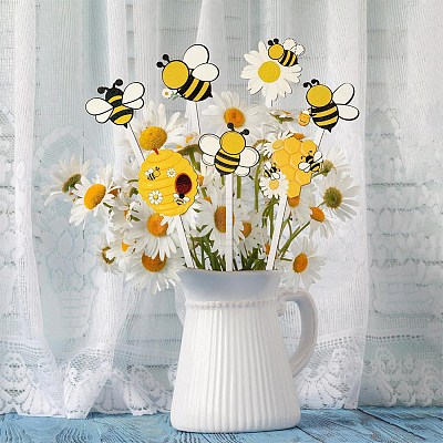 14Pcs 7 Styles Wooden Bees Decorative Pick for Home Vase Filler AJEW-CY0002-68-1