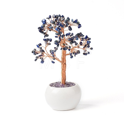 Natural Lapis Lazuli Chips with Brass Wrapped Wire Money Tree on Ceramic Vase Display Decorations DJEW-B007-02C-1
