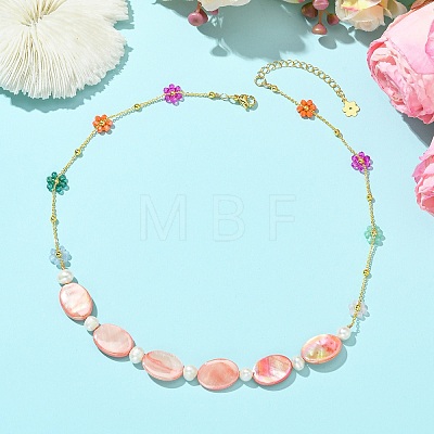 Dyed Natural Freshwater Shell Oval Beaded Necklaces NJEW-JN06336-1