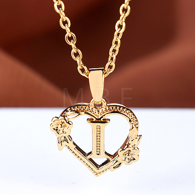 Brass Rose Flower Heart with Letter Pendant Cable Chain Necklaces FS-WG42461-09-1