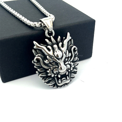 Vintage Punk 304 Stainless Steel Dragon Head Pendant Necklaces for Men WI9275-1