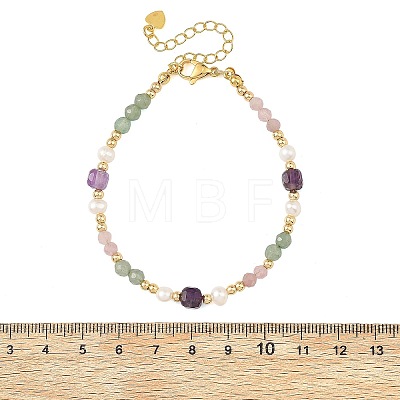 Natural Mixed Gemstone Faceted Round and Cube Beaded Bracelets with Natural Pearl & Brass End Chains BJEW-JB14336-02-1