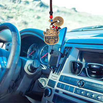 Brass Hollow Lucky Cat & Coin Pendant Decoration KEYC-WH0038-05AG-1