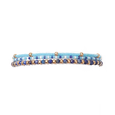 3Pcs 3 Style Natural Lapis Lazuli & Glass Seed Beaded Stretch Bracelets Set for Women BJEW-JB09171-01-1